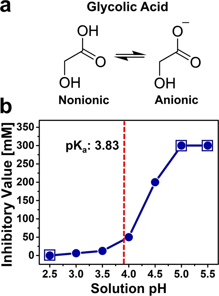 The glycolic acid molecule and a chart showing its effect on acne bacteria is stronger the more acidic the product, a common ingredient in an exfoliator for acne