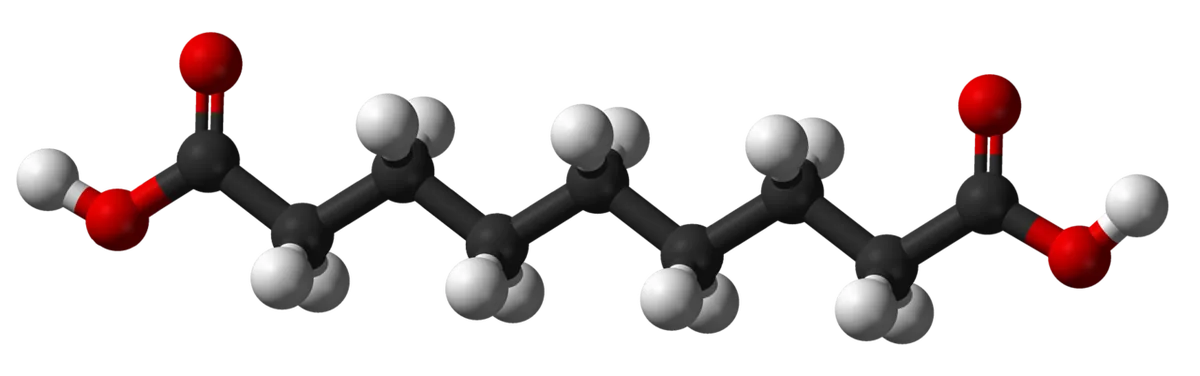 A 3D model of the azelaic acid molecule, the active ingredient in Skinoren, showing a carbon chain with an acid group at each end