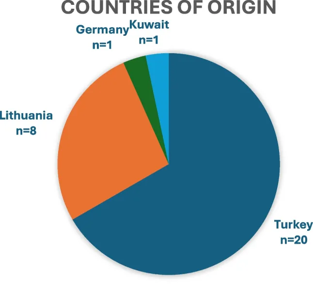 Pie chart of the countries where cosmetic procedures were done in patients who returned to Ireland with infective complications, led by Turkey