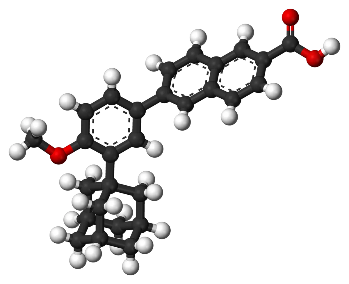 A 3D model of the adapalene molecule, one of the two ingredients of Epiduo gel, a synthetic retinoid