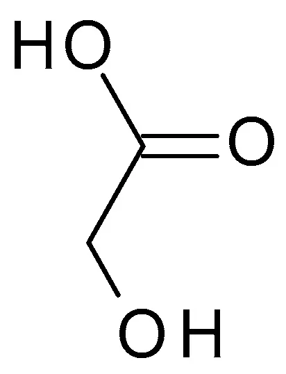 The chemical structure of glycolic acid, the smallest and most widely used of the fruit acids in a fruit acid peel for the face