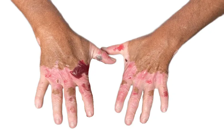 The backs of both hands with blisters and redness on sun-exposed skin in a patient taking doxycycline, an example of the sun sensitivity seen with drugs in the same family as Tetralysal