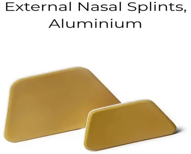Two padded aluminium external nasal splints in different sizes, of the type used after rhinoplasty